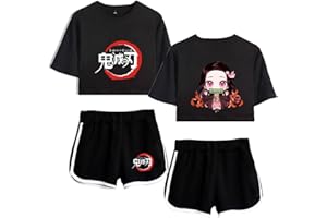 Yumenam Femme Anime 2PCS Survêtement Kamado Nezuko Imprimé Crop Tops + Shorts Ensemble Casual Manches Courtes Tee Shirt + Pantalon Court été Pyjamas Sets Costume de Cosplay