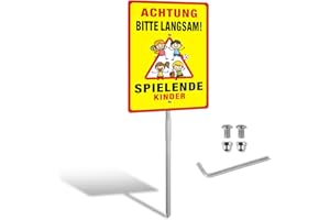 ‎SINMAO SINMAO Aluminium Achtung Spielende Kinder Schild XXL 35x25cm mit Pfosten Reflektierend, Vorsicht Kinder Schild Metall