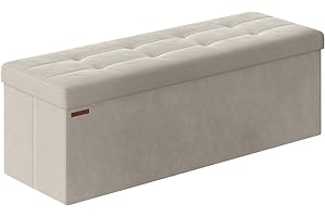 SONGMICS Puff Almacenaje, Baúl de Almacenaje Plegable, 38 x 110 x 38 cm, Taburete Reposapiés, Banco de Cubo, Soporta hasta 300 kg, para Sala de Estar, Dormitorio, Entrada, Blanco Crema LSF277W01