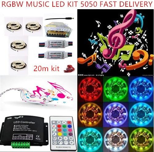 Morelight 12v 24v 5/10/15/20/30/40/50/60m RGBW kit LED Strip Adhesive 5050 + music remote controller + PSU power supply transfomer mains + amplifier no lag + extention cable (20m, 12v rgb+w waterproof)