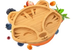 nohla ® - Toby The Tiger - Bamboo Baby Weaning Suction Plate - 18.3cm x 23cm- Spill-Proof Suction Base - Ideal from 6 Months - 100% Bamboo & FDA Silicone - Organic & BPA-Free - Orange