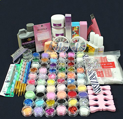 Full 60 Acrylic Powder Glitter Liquid Nail Art Kits Set Tip Brush Glue NAK-60A