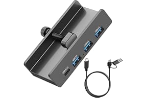 QINGCMING Hub USB 3.0 Aluminium avec Port d'alimentation 5V, 4 Ports USB (3X USB-A 3.0, 1x USB-C 3.0), 5 Gbps, Câble de 150 cm (C vers A/C), Montage Clipsable, pour Ordinateurs et Moniteurs - Noir