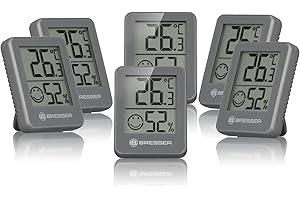 Bresser Zestaw 6 termometrów Higrometr - cyfrowy termometr pokojowy do kontroli wilgotności wewnątrz, do lodówki, montaż na ścianie i magnes, zapobieganie pleśni, Wskaźnik Smiley, szary