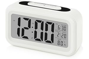Sarsumir Despertador Digital, Reloj Despertador Digital Pilas Inteligente Silencioso con Luz Nocturna LED Despertador con Función de Posponer Temperatura de Fecha para Niños Infantil Adulto, Blanco