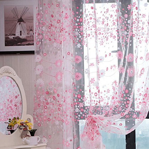 200*95cm Fenster Dekoration Kleine Blumen Floral Tüll Voile Vorhang Gardine (rosa) - 2