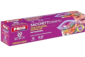 FRIO – 20 Sac Congélation ZIP 4L (taille M - 23x32 cm) Réutilisables et Hermétiques avec double ZIP, Sachets Plastiques Transparents pour Congélateur et Conservation des Aliments, Avec Étiquette