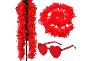 FCXVXCL Feather Boas Set, 2M Feather Boa Fancy Dress for Women Dancing Party Props Feather Boa with Heart Sunglasses Decoration Accessories Supplies for Wedding Celebration, Rave Party, Cosplay (Red)