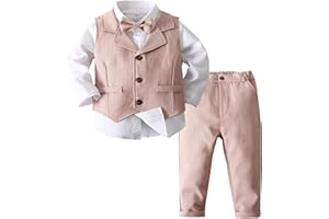 Aislor Costume de Baptême Gentleman Enfant Garcon Fille Chemise Blanc + Cravate Fleuri +Gilet + Pantalon Garcon Tenu Formel Manche Longue 4 Pièces 12Mois-8 Ans