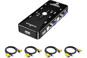 10GTEK KVM Switch VGA, 4-Port USB VGA KVM Switch, 4 Computers Share 1 Monitor and 3 USB Devices, Keyboard Mouse Scanner Printer, with 4 VGA KVM Cables