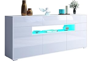 BESTWANTED Sideboard Storage Cabinet,Wooden Display Cabinet Modern TV Stand LED Cupboard with 5 Drawer,3 Doors and 2 Open Countertops for Living Room Bedroom (White)