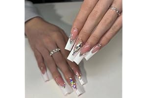 TMUT 24pcs Long Coffin False Nails French White Tip Stick on Nails Press on Nails with Rhinestones Removable Glue-on Nails Full Cover Fake Nails Women Girls Nail Art Accessories