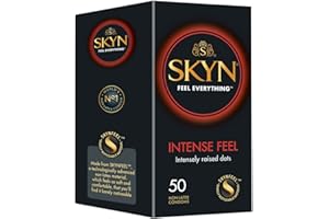 SKYN Intense Feel Condoms Pack of 50 / Skynfeel Latex Free Condoms for Men, Regular Size, Thin, Ribbed and Dotted Straight Shape, 53mm Wide