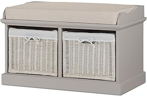 Tetbury Truffle Bench with 2 White baskets. Stunning hallway storage bench in matte mushroom colour. FULLY ASSEMBLED