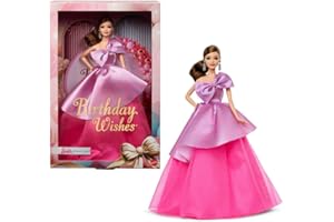 Barbie Signature Birthday Wishes, bambola da collezione con abito rosa satinato e capelli ondulati castani, in confezione regalo, JBJ08