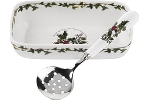 PORTMEIRION La Holly & Ivy Color Rojo Plato y Cuchara ranurada, cerámica, Multicolor