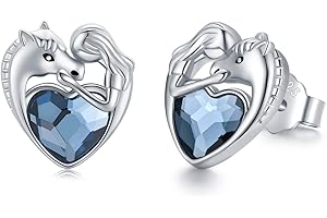 CHENGHONG Pendientes para niña de plata 925, diseño de animales, panda, caballos, gato, unicornio, mapache, vaca rana, hipoalergénica, azul, tapón de cristal para niños y mujeres