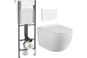 CORIBI Pack Complet WC Sans Bride Bati Autoportant + Cuvette Suspendue Sans Bride + Plaque (Bâti initio sur mur porteur, Plaque blanche)