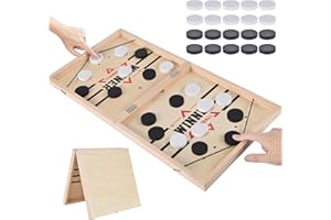 Booaee Gioco di calcio balilla, hockey e rondella, catapulta 2 in 1, portatile, legno, marrone, 2 giocatori, Lega FTSF, squadra rossa e blu