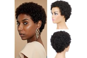 HAIRYHME Perruque de cheveux humains afro crépus bouclés pour femme, perruque complète et moelleuse, faite à la machine, coupe Pixie naturelle, sans colle, couleur noire (Afro)
