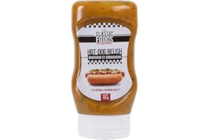 Classic Foods of America Hot Dog Relish 330g – Condiment Sucré-Acidulé aux Cornichons et Poivrons Croquants, Parfait pour Hot Dogs, Burgers, Bagels, et Grillades