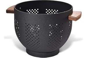 beifeier Scolapasta in Metallo con Manico in Legno, 22 cm, Grande Colapasta da Cucina con Base Stabile, Perfetto per Pasta, Frutta, Verdura (Nero Opaco)