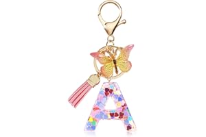 JOYRAY Alphabet Keychain | Initial Letter Keyring with Butterfly Tassel Resin Pendant Charm Cute Pink Style for Female Girls Women Girlfriend Daughter Birthday Gift Purse Bag Handbag Luggage Travel Deco