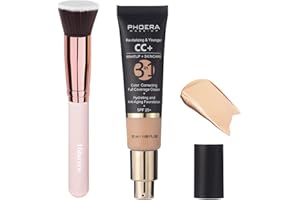 HILARECO Crema PHOERA CC+, base de cobertura total, crema correctora de color, suero hidratante antienvejecimiento y protector solar SPF 25+, acabado natural (120 Nude)