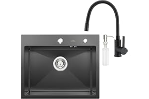 Auralum - Lavello con rubinetto, 55 x 45 cm, in acciaio inox + rubinetto da cucina, nero, con erogatore di sapone + sifone, colore: Nero antracite con rubinetto