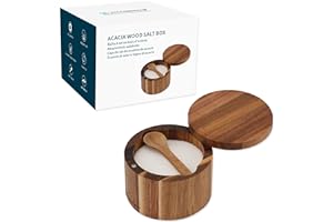 KITCHENDAO Acacia Wood Salt Cellar Bowl Box with Built-in Spoon, Elegant Kitchen Salt Container Holder with Swivel Magnetic Lid to Storage Pepper Spice Bath Salt Sea Salt, 6OZ