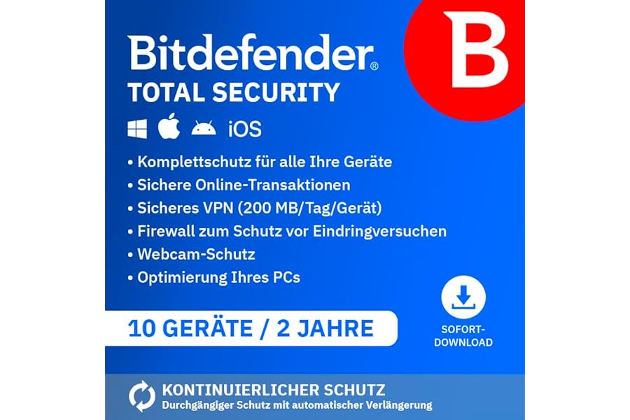 Bitdefender Total Security 2025 | 10 Geräte | 2 Jahre | PC/Mac/iOS/Android | Code zur Aktivierung per E-Mail | Automatische V