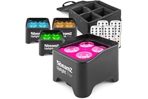 BeamZ BBP90 Wireless Battery Uplighters 4-Pack with Soft Case - Cordless RGB-UV LED PAR Lights, Portable Event Lighting Packages for DJs, Weddings, Stage, Parties, Rechargeable Uplighter Kit
