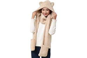 Petalum Damen Winter Warm Mütze Schal Handschuhe Set Kapuzen Handschuhe Warm Kapuzenschal Plüsch Tiere Bär Panda Wolf Paws Ohren Fellmütze