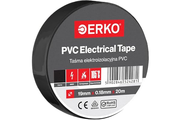 ERKO Ruban adhésif isolant électrique Noir 19mm x 20m PVC - Réparation de câbles électriques - Très flexible avec une forte adhérence - Résistant aux produits chimiques, chatertone