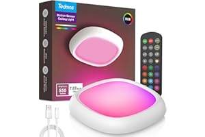 TEDMOS Plafonnier LED Sans Fil Rechargeable USB, 550LM 12000mAh Etanche IP54 Luminaire Plafonnier RGB a Pile avec Detecteur Mouvement et Télécommande Lampe Plafond Batterie Lumiere Capteur pour Garage Douche