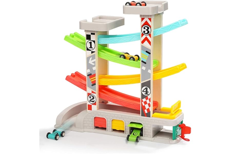TOP BRIGHT Wooden Car Ramp Toys for 1 2 3 Year Old Boy Gifts Birthday Presents Toddler Race Track Toy with 4 Cars and 3 Car Garages
