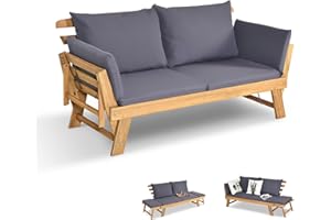 GOPLUS Canapé Lit de Jardin Extensible 2 Places Charge 320 KG, Accoudoirs Réglables, Coussins & Dossier Amovibles, Cadre en Bois d’Acacia Massif, pour Terrasse, Balcon, Parc, Patio (Gris)