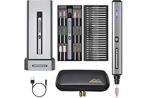 ARROWMAX Stylo de gravure électrique, stylo de polissage avec 36 embouts, boîtier en aluminium, APP, chargeur magnétique sans fil, sac à outils, machine à graver sans fil pour bijoux (SGS MINI PLUS)