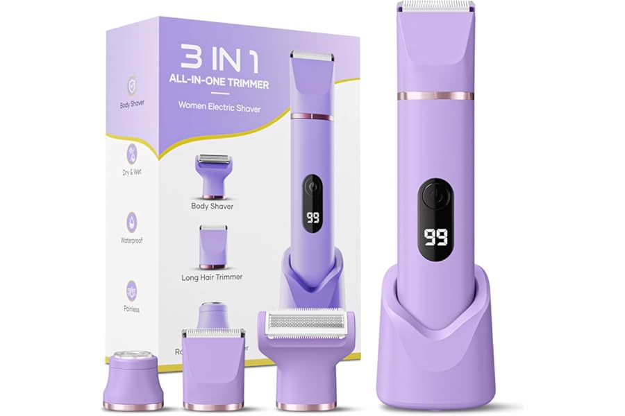 Lady Shavers for Women 3-in-1, Tiovara Painless Electric Razors Shaver IPX7 Waterproof Cordless Body Hair Trimmer Pubic Hair Removal with USB Charge Dock for Underarm Leg Arm Body Face (Purple)