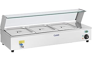 Royal Catering RCBM-3 Bagnomaria Elettrico Professionale 3 x 1/2 GN (1300 W, 30–90 °C, 95x40x16 cm, Aciaio Inox, Rubinetto di Scarico, Vetro di Protezione)