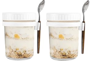 Hniuyun 2 Pack Overnight Oats Jars with Lids and Spoon, 10 oz Airtight Breakfast Jars with Measurement Marks, Mason Jars with Lid for Salads Cereal Milk Porridge Fruit (White + White)