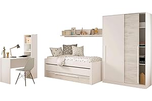 Miroytengo Pack Muebles Dormitorio Juvenil Completo en Color Blanco y Roble Claro Cama + Armario (Diferentes Opciones en Escritorio)