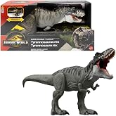 Mattel Jurassic World Rebirth Massive Tyrannosaurus Rex action figure, T-Rex dinosaur toy with 2 attack movements, elephant