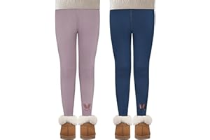 MASOCIO 2 Pack Leggins Felpati Termici Bambina Pantaloni con Ricamo di Coniglietto 4-13 Anni