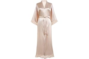 BABEYOND Damen Morgenmantel Lang Kurz Einfarbiger Bademantel Spitzen Ärmel Seide Satin Kimono Kleid Damen Sommer Robe Reine Farbe Schlafmantel