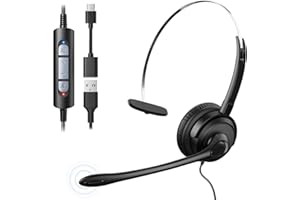 Voistek USB Cuffia con Cavo per PC/Portatile, Headset Leggeri On-Ear con Cavo da 160 cm, Microfono con Cancellazione del Rumore per Ufficio