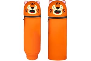 MPXEAVG Trousse Ecole 2 en 1 en Silicone Souple, Trousse Silicone Verticale, Panda Pochette de Stylo, Fermeture à Glissière, pour Fournitures Scolaires de Grande Capacité (Tigre)