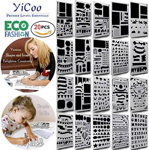 YiCoo Bullet Journal Stencils, 20 Pieces Plastic Planner Stencil Set, 4x7 Inch DIY Drawing Template for Journal/Notebook/Diary/Scrapbook/Art Craft Projects/Schedule Book.
