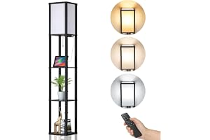 Alampia Golvlampa trä med fjärrkontroll, golvlampa med hyllor 3 färgtemperaturer 3000-5000k, 2 USB laddningsanslutningar, lek