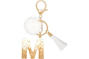 MWOOT M Porte Clé Lettre Peluche Tassel, Initial Résine Or Blanc Keychain Personnalisé, Porte Clef Lettre M Pendentif Décoratif, Porte Clef Kawaii Voiture Charm, Idee Cadeau D'Anniversaire pour Femme